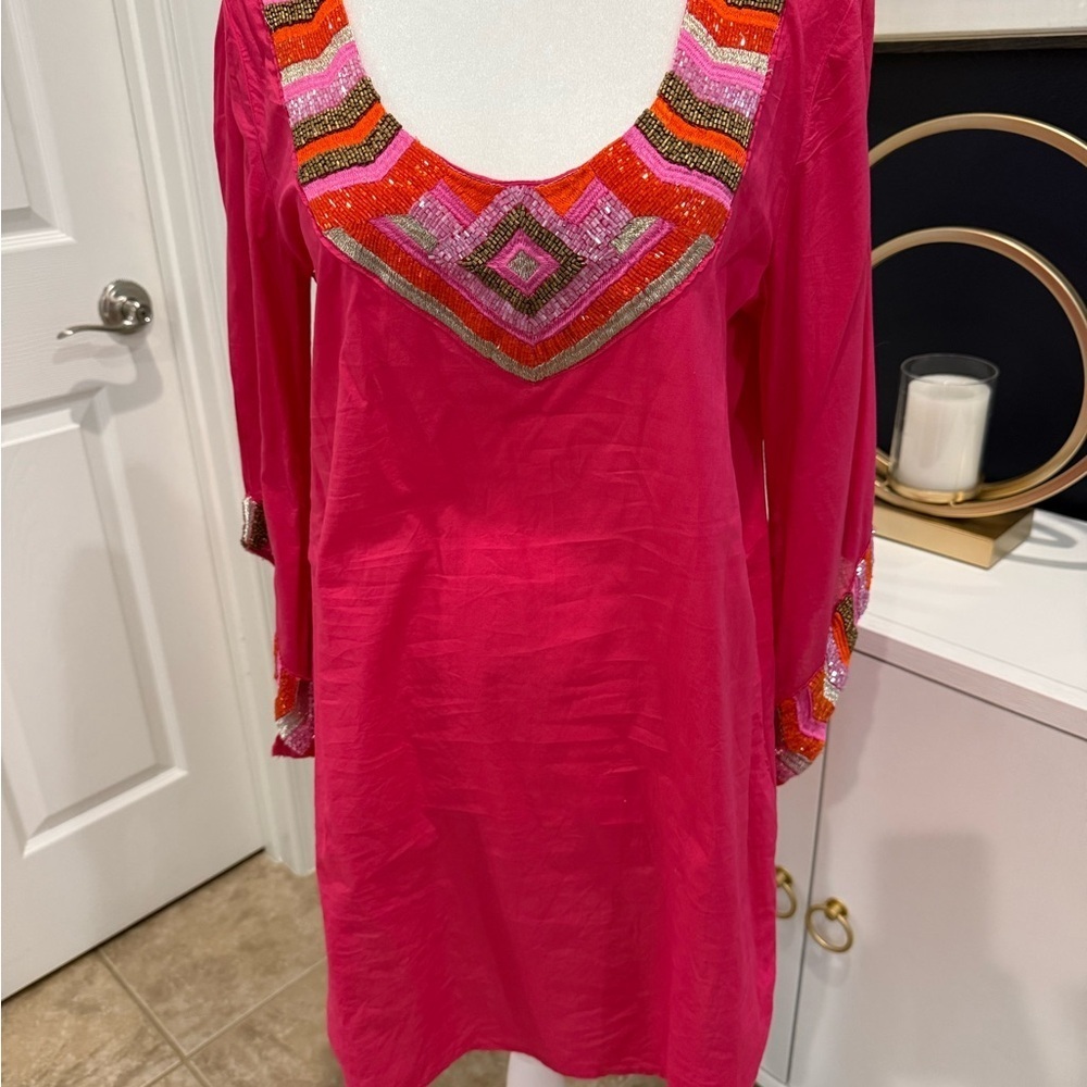 MudPie Daphne Vibrant Pink Beaded Dress/tunic size medium